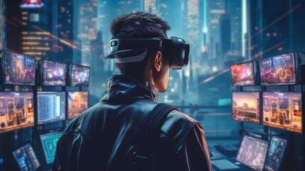 Fototapeta premium Cyberpunk hacker in a futuristic setting, surrounded by holographic interfaces, intricate code.