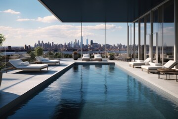Luxurious penthouse terrace featuring a magnificent swimming pool and stunning panoramic city views.