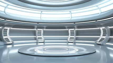 Futuristic interior with empty glowing podium for Product Presentation.