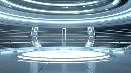 Futuristic interior with empty glowing podium for Product Presentation.