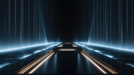 Empty Dark Futuristic Sci Fi Big Hall Room With Lights And Neon Light.