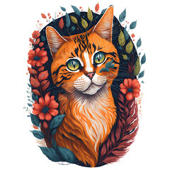 Watercolor Illustration Cat's Face PNG Design,  Can be used for the logo, t-shirt design, posters, banners, greetings, print design, generative ai	
