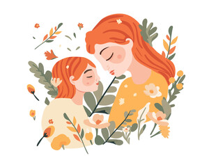 Vector isolated illustration of mother and daughter. Mother's Day.