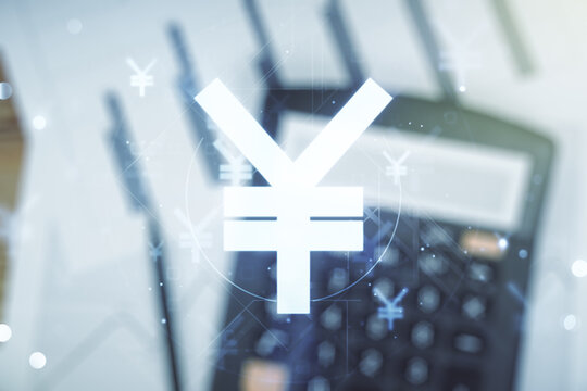 Abstract virtual Japanese Yen symbol illustration on calculator background. Trading and currency concept. Multiexposure - Powered by Adobe