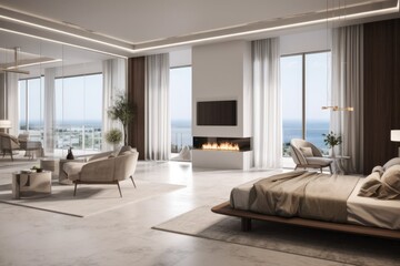 Fototapeta premium Luxurious master bedroom interior, Furnished master bedroom in new luxury home with large windows and abundant natural light.