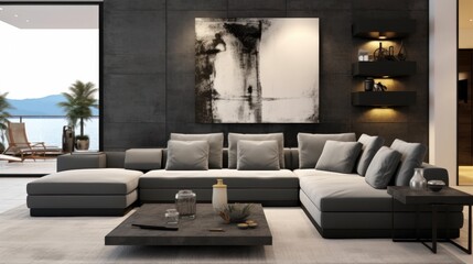 Luxury black interior living room with modern minimalist style furniture, Luxury Living Room Interior.