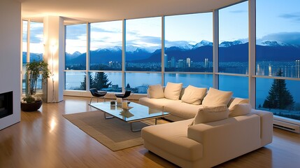 Fototapeta na wymiar Luxury modern apartment with view on sea, Interior of modern room.