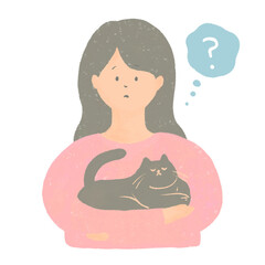 疑問を抱きながら猫を抱く女性のイラスト