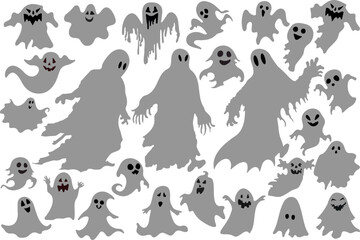 Spooky halloween ghost. Halloween ghost, spooky cartoon poltergeist. Scary ghost characters, fly funny spook, cute smiling scary halloween ghost mascots vector illustration set.Joyful spooky or funny 