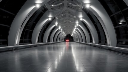 Very long tunnel pedestrian crossing, Tunnel in dark, Domed roof, Details of urban architecture at night.
