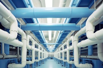 A large room filled with lots of pipes. Digital image. High tech plumbing infrastructure.