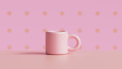 Morning pink cup of coffee on background of polka dot wall at home or in coffee shop. Background with copyspace. 3d render, 3d illustration.