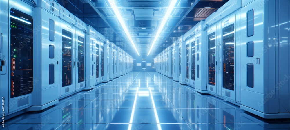 Poster Rows of futuristic server data storage device background. Generative AI technology.