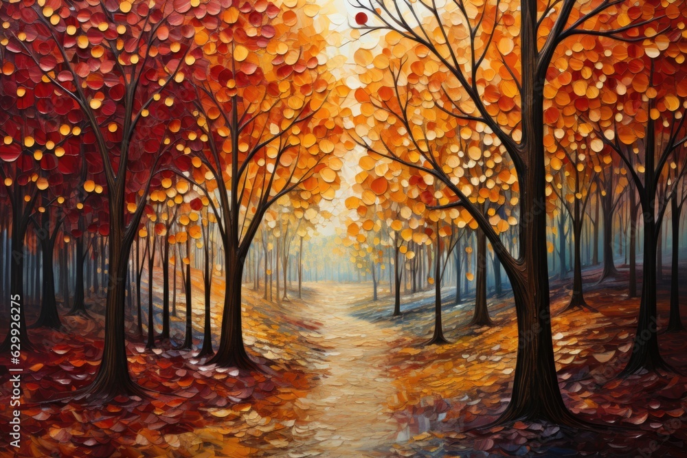 Poster a painting of a path through a forest. digital image. hello autumn card design.