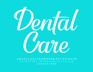 Vector advertising logo Dental Care. Beautiful Calligraphic Font. White Artistic Alphabet Letters and Numbers