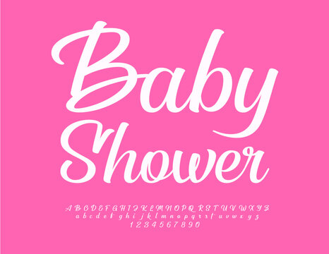 Vector cute card Baby Shower with White cursive Font. Stylish set of Alphabet Letters, Numbers and Symbols set