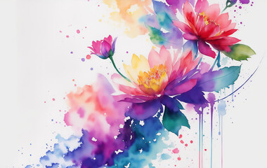 Watercolor Flower Illustration with Colorful Paint Splash on Light Background. Vintage Aquarelle Wallpaper Design for Banner, Poster, Invitation or Greeting Card. AI Generated.