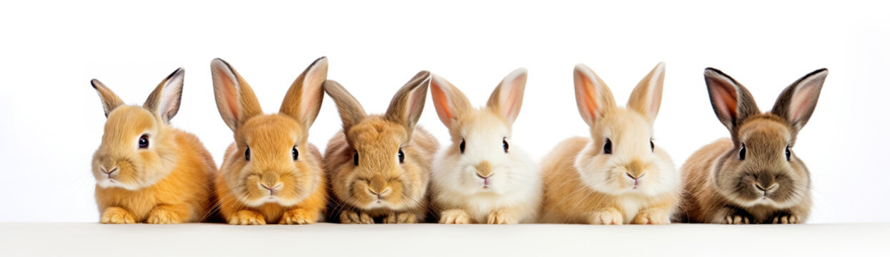 Many cute and colorful fluffy baby rabbits on white background. Panorama
