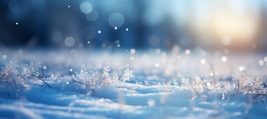 Snowflakes on sunrise morning winter landscape bokeh background. Christmas and new year event concept. Generative AI technology.