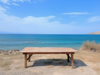 Naklejka na ściany i meble Wooden table on the background of the sea, island and the blue sky. High quality photo.