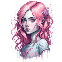 Watercolor Illustration Pink Girl  PNG Design,  Can be used for the logo, t-shirt design, posters, banners, greetings, print design, generative ai	
