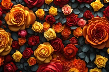 Multicolored Flower Background. Floral Wallpaper with Yellow, Orange and Red Roses. 3D Render