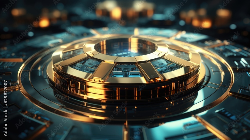 Poster a close up of a futuristic building with a circular design. cyber security concept image.