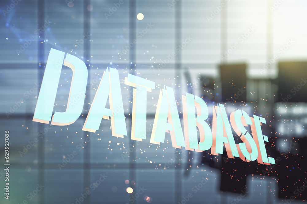 Poster Double exposure of creative Database word hologram on a modern meeting room background, research and development concept