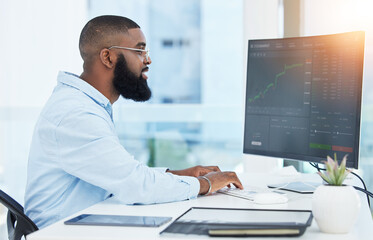 Trading, computer and business with black man in office for stock market, finance and growth. Investment, cryptocurrency and data with male employee for digital, technology and profit analysis