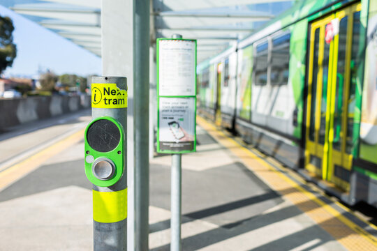 next tram button at station in city suburb