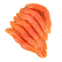 Salmon slices lightly salted on a white background