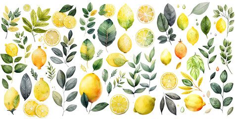 Set of Lemon watercolor collection of hand drawn, Lemon yellow, orange color, Lemon elegant watercolor , Lemon isolated transparent background, PNG.