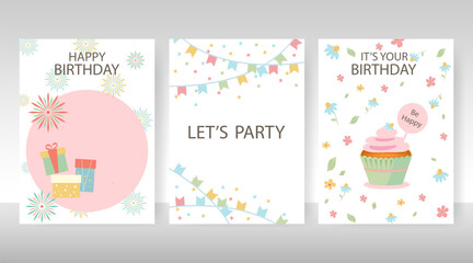 Set of birthday greeting cards with beautiful and lovely cakes against a gray wall. Congratulation. Vector birthday card