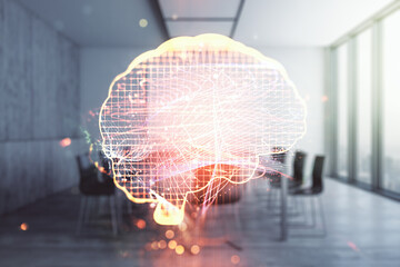 Virtual creative artificial Intelligence hologram with human brain sketch on a modern coworking room background. Double exposure