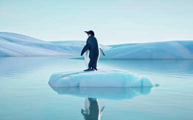 A penguin sits on an iceberg in the middle of the ocean.