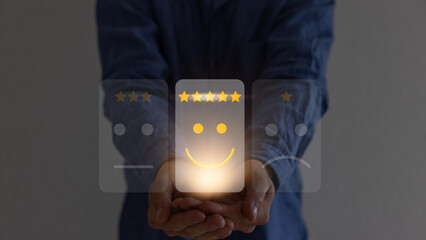 Customer services, Businessman touch happy smiley face icon of best excellent business rating...