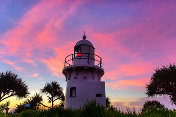 Colourful sunrise sky with Fingal Head lighthouse, NSW