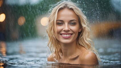 Portrait of beautiful erotic smiling wet blond woman in the water in the rain. Generative AI