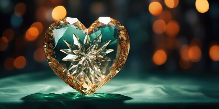 A heart shaped diamond sitting on top of a green cloth. Christmas, winter panoramic banner.