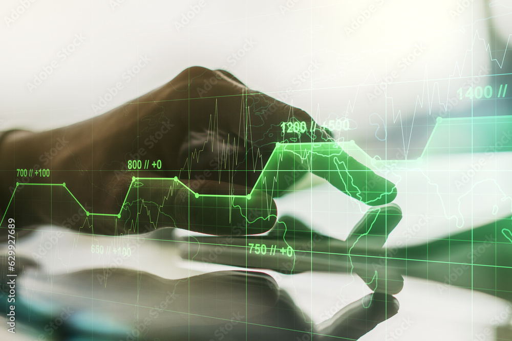 Poster Abstract creative stats data concept with finger clicks on a digital tablet on background. Multiexposure