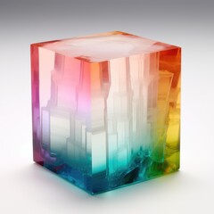 A multicolored ice cube sitting on top of a table. Digital image.
