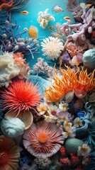 Naklejka na ściany i meble A group of sea anemons in a large aquarium. Digital image.