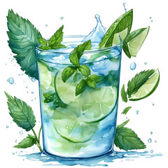 Watercolor Mojito PNG Design,  Can be used for the logo, t-shirt design, posters, banners, greetings, print design, generative ai	
