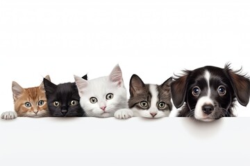 Puppies and kittens peek behind a white empty banner on a white background. Advertising poster concept for veterinary clinic or pet supplies.
