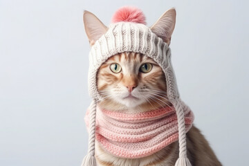 The cat is warming himself in a knitted woolen hat and scarf on a gray background. The concept of problems with heating the house in winter.