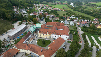 Aerial view Plankstetten with Benedictine Abbey, Plankstetten, Berching, Bavaria, Germany,