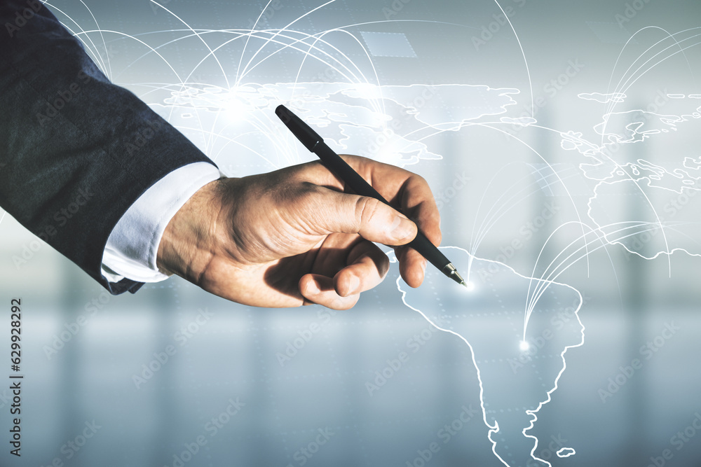 Poster double exposure of man hand with pen working with abstract digital world map hologram with connectio