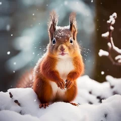 Schilderijen op glas Cute red squirrel in the snow © Guido Amrein