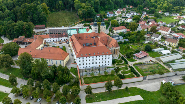 Aerial view Plankstetten with Benedictine Abbey, Plankstetten, Berching, Bavaria, Germany,