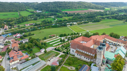 Fototapeta na wymiar Aerial view Plankstetten with Benedictine Abbey, Plankstetten, Berching, Bavaria, Germany,